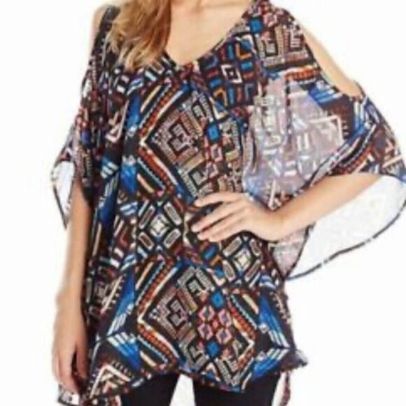 Show Me Your Mumu Geometric Print Cold Shoulder Tunic Kimono Blouse Size Small - Picture 2 of 10